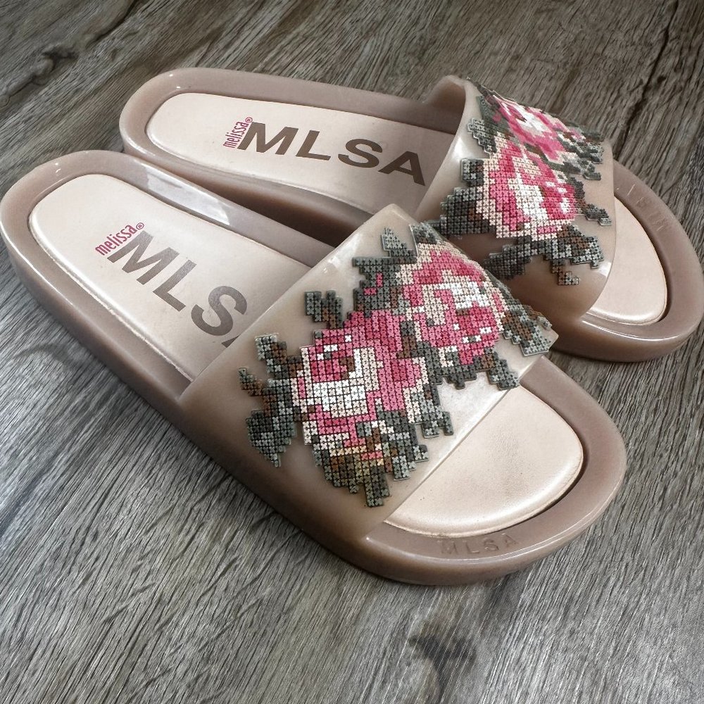 Melissa Pink Women's Beach Pixel Floral Pool Slide Sandals